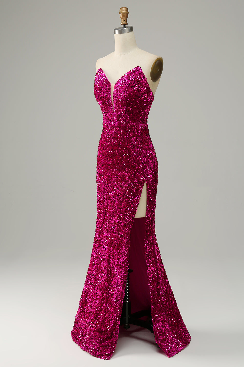 Hot Pink Strapless Sequin Prom Dress with Slit