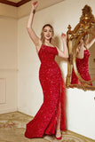 Red Sequin Fringes Plus Size Prom Dress with Slit