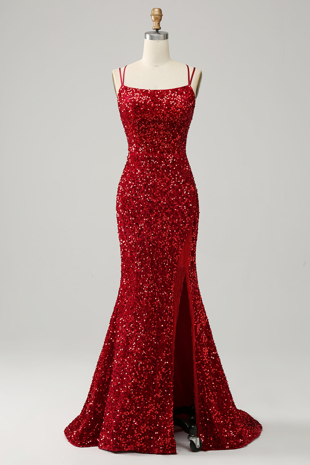 Zapaka Women Red Sparkly Mermaid Backless Long Prom Dress with Fringes Spaghetti Straps Party Dress with Slit, Red / US14 Zapaka Women Red Sparkly Mermaid Backless Long Prom Dress with Fringes Spaghetti Straps Party Dress with Slit, Red / US14