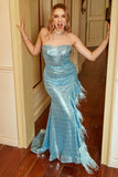 Sky Blue Strapless Sequins Plus Size Prom Dress with Feathers