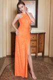 Sheath Halter Orange Sequins Long Prom Dress with Open Back