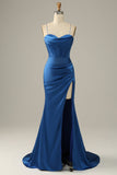 Long Spaghetti Straps Royal Blue Mermaid Prom Dress
