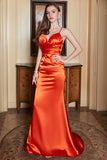 Mermaid Spaghetti Straps Orange Long Prom Dress with Backless