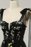 A Line Spaghetti Straps Black Corset Prom Dress with Embroidery