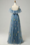 A-Line V-Neck Spaghetti Straps Embroidery Grey Blue Long Prom Dress with Slit
