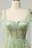Green Tulle A Line Corset Plus Size Prom Dress with Embroidered