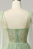 Green Tulle A Line Corset Plus Size Prom Dress with Embroidered