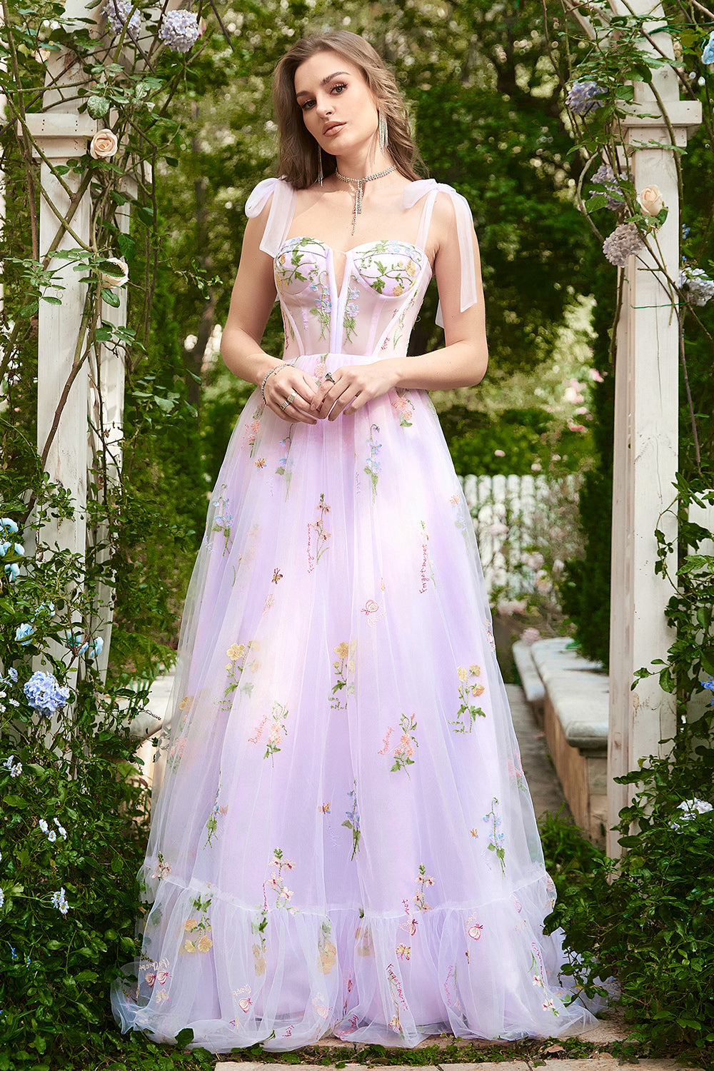 Zapaka Women Lilac Embroidery Corset Long Prom Dress A-Line Formal