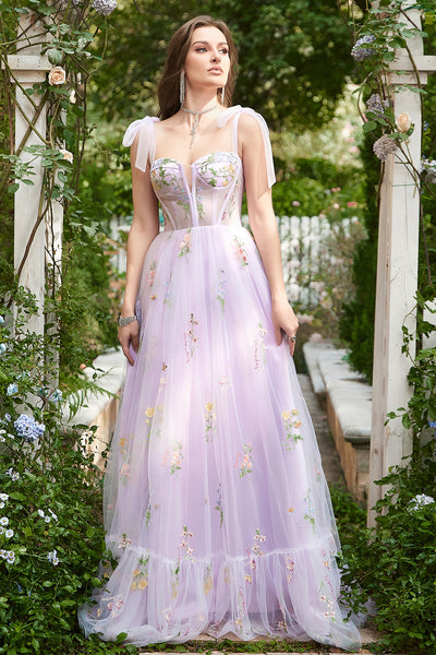 Zapaka Women Lilac Embroidery Corset Long Prom Dress A-Line Formal ...
