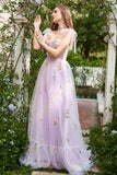 A-line Lilac Embroidery Corset Long Prom Dress