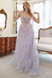 Lavender Tulle A Line Corset Plus Size Prom Dress with Embroidered