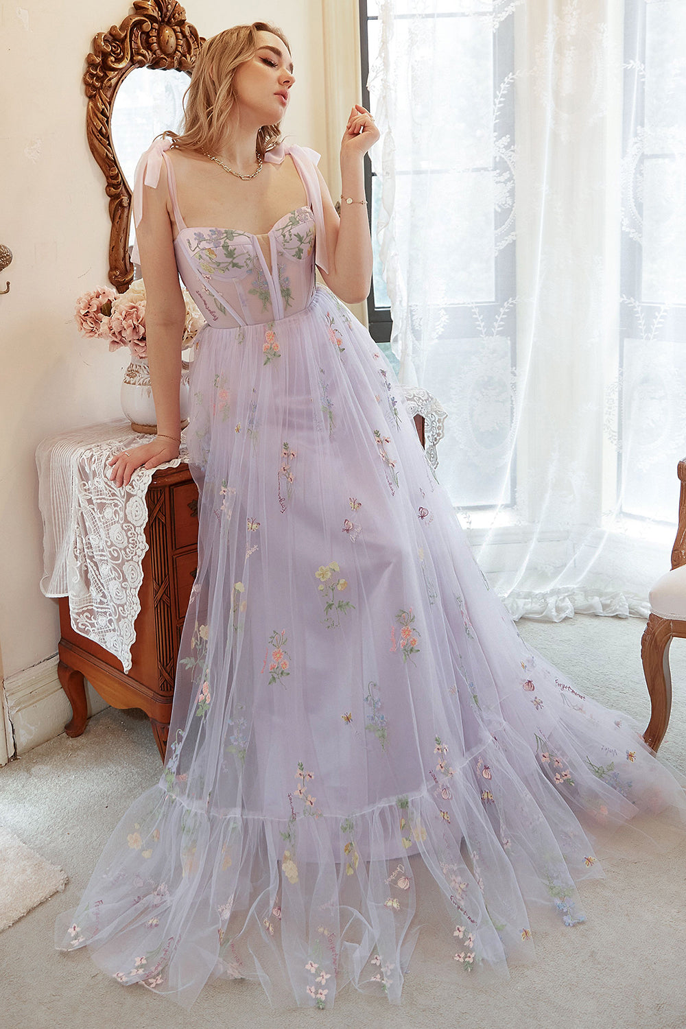 Grey Blue Tulle A Line Corset Prom Dress with Embroidery