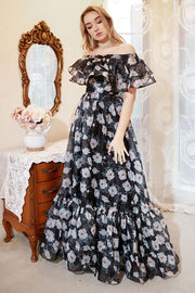 Black Print Off Shoulder Plus Size Prom Dress