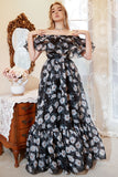 Black Print Off Shoulder Plus Size Prom Dress