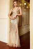 Luxurious Mermaid Deep V Neck Golden Long Prom Dress with Silt