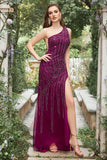 Mermaid One Shoulder Dark Purple Beaded Long Prom Dress with Slit