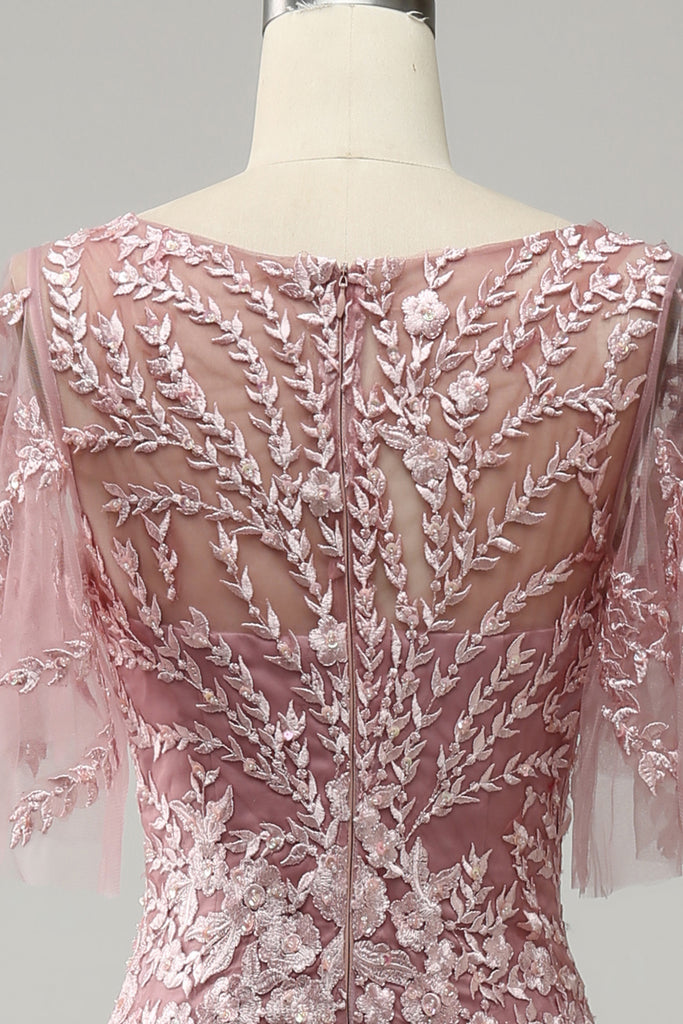 V Neck Grey Pink Mother Dress with Beading