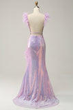 Mermaid Sweetheart Purple Sequins Long Prom Dress with Feather