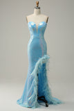 Mermaid Sweetheart Light Blue Sequins Long Prom Dress with Feather