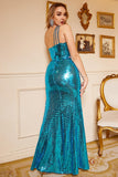 Blue Sequin One Shoulder Sparkly Plus Size Prom Dress with Slit