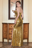 One Shoulder Gold Sequin Prom Dress with Slit