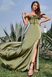 Army Green Off the Shoulder Long Bridesmaid Dress with Slit