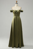 Army Green Off the Shoulder Long Bridesmaid Dress with Slit