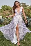 Iovry Purple Printed V-Neck Prom Dress With Slit