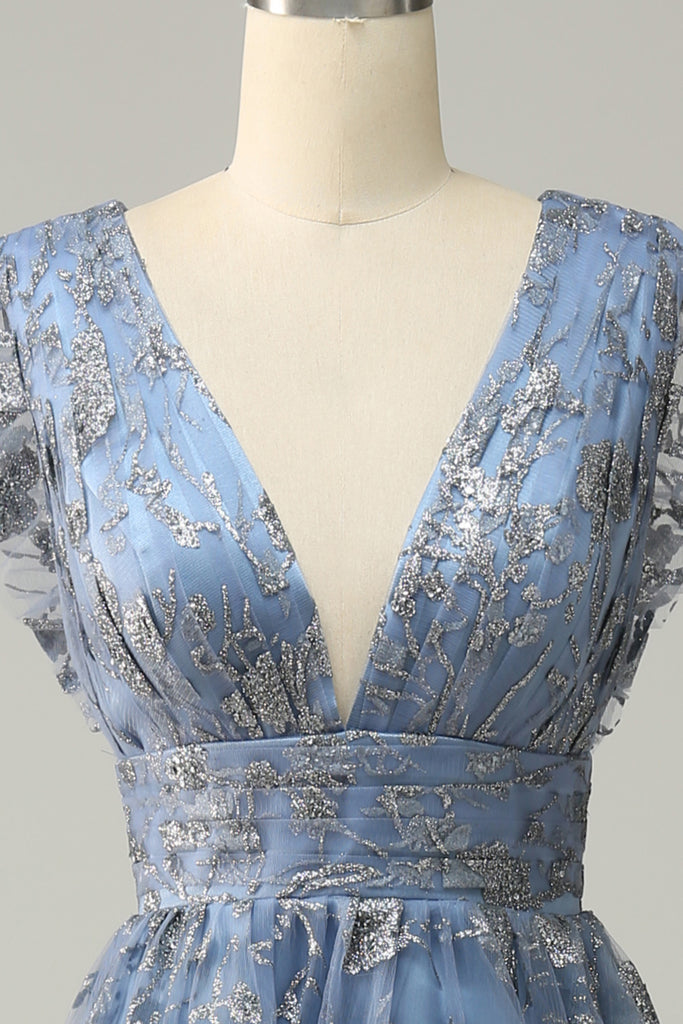 A-Line V-Neck Grey Blue Formal Dress