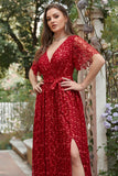 A Line V Neck Red Long Bridesmaid Dress with Embroidery