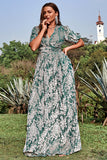 A Line V Neck Green Floral Printed Plus Size Prom Dress with Short Sleeves