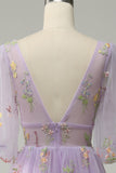 A-Line V-Neck Embroidery Lavender Long Prom Dress with Short Sleeves