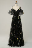 A-Line V-Neck Spaghetti Straps Embroidery Black Long Prom Dress with Slit