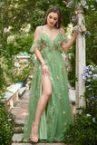 A-Line V-Neck Spaghetti Straps Embroidery Green Long Prom Dress with Slit