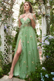 A-Line V-Neck Spaghetti Straps Embroidery Green Long Prom Dress with Slit