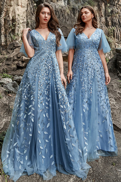 Zapaka Women Prom Dress Grey Blue Tulle Embroidered Leaves A-Line