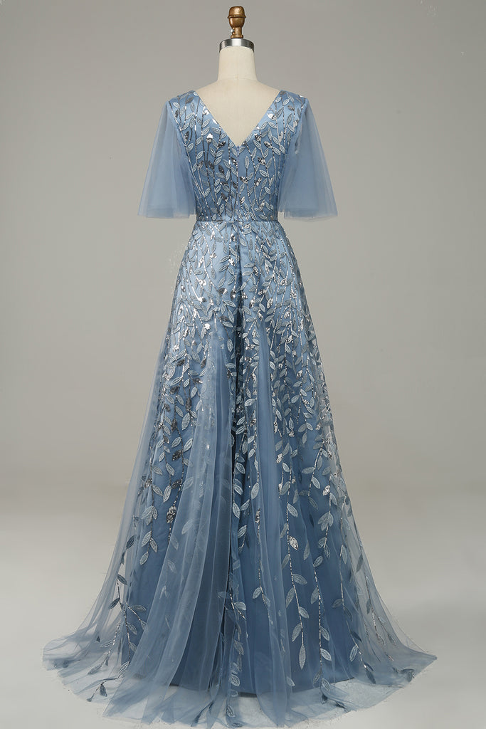 Zapaka Women Prom Dress Grey Blue Tulle Embroidered Leaves A-Line