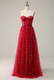 Red Strapless Tulle Corset Prom Dress