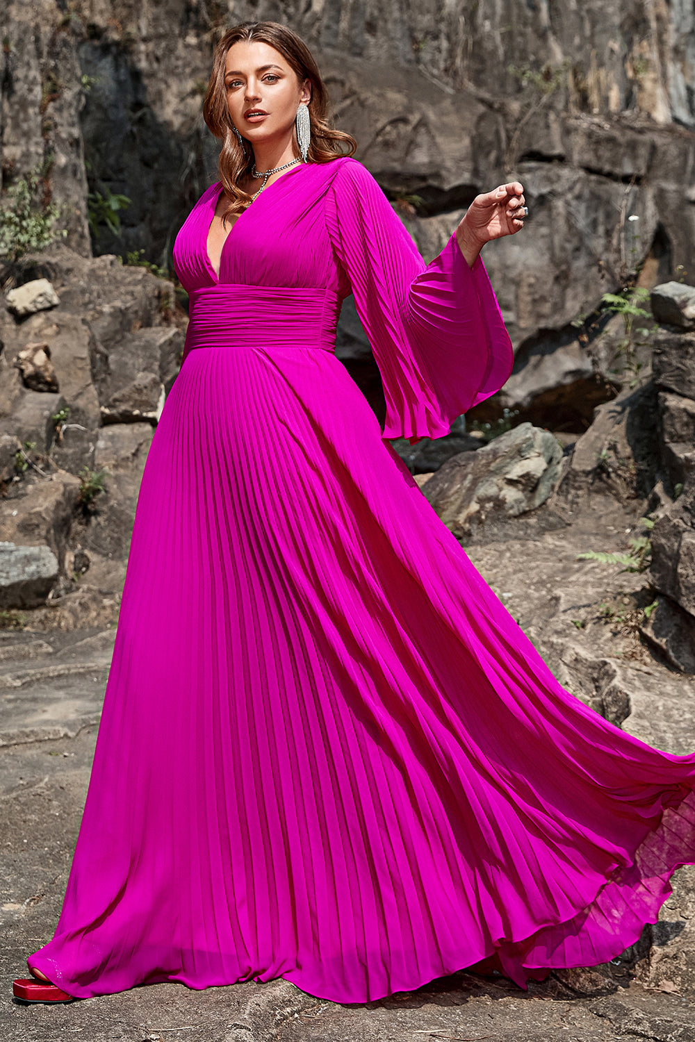 Zapaka Women Dark Fuchsia Size A Deep V Neck Formal Dress with Long Sleeves – ZAPAKA
