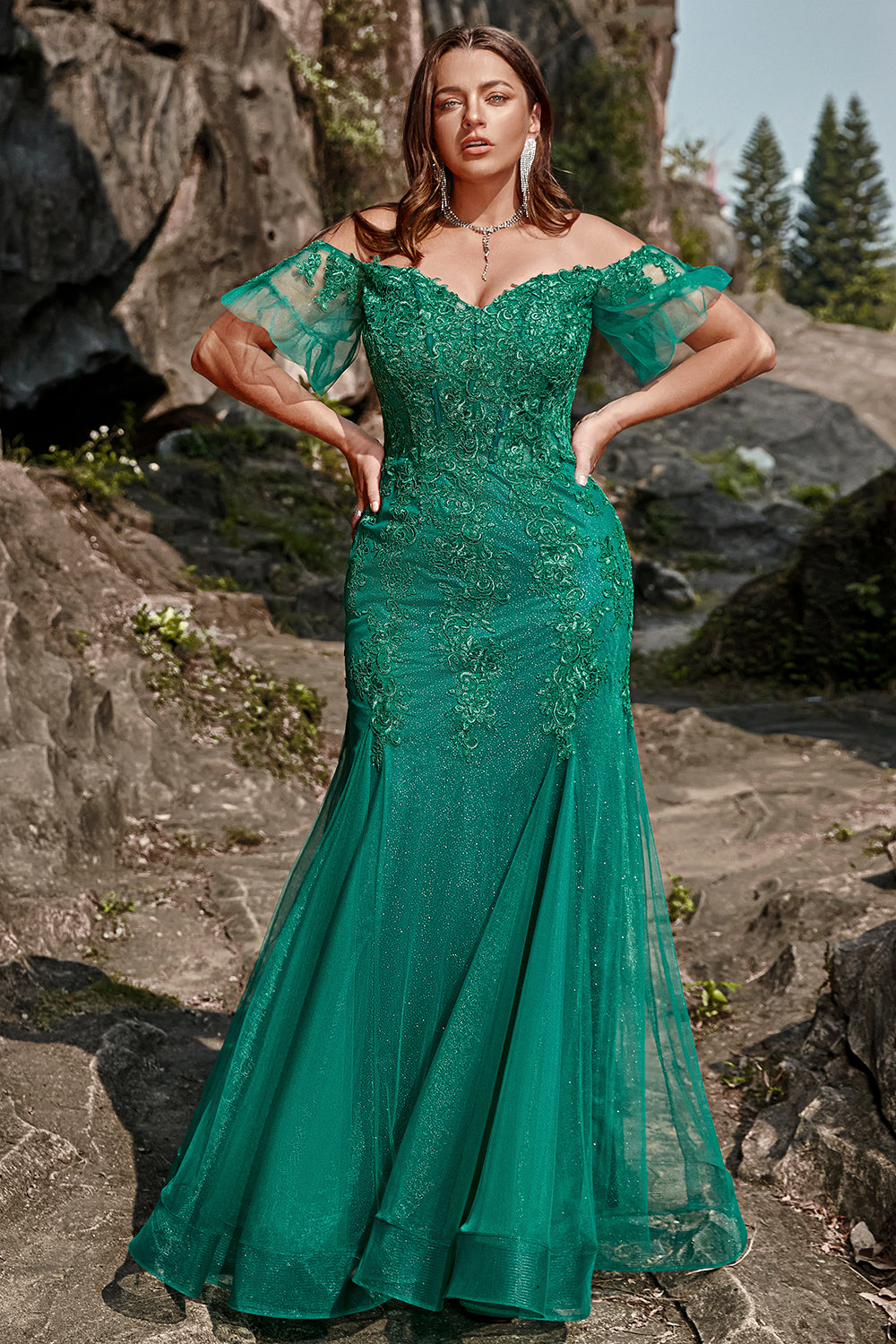 Zapaka Women Dark Green Plus Size Prom Dress Mermaid Off the