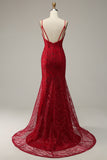 Dark Red Spaghetti Straps Mermaid Prom Dress with Slit