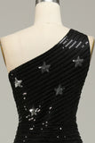 Sequins Mermaid One Shoulder Black Long Prom Dress with Star
