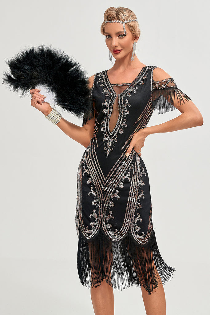Black Fringed 1920s Gatsby Dress with Sequins with 20s Accessories Set main image 1