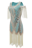 Green Sheath Off the Shoulder Sequins 1920s Dress With Tassels