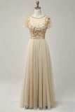 Apricot Tulle A Line Sequins Formal Prom Dress with Appliques