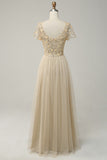 Apricot Tulle A Line Sequins Formal Prom Dress with Appliques