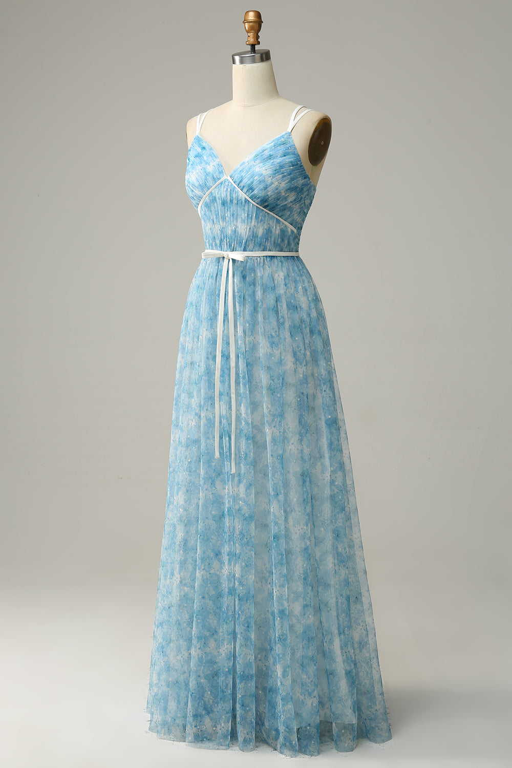 Blue Printed A-Line Tulle Long Bridesmaid Dress