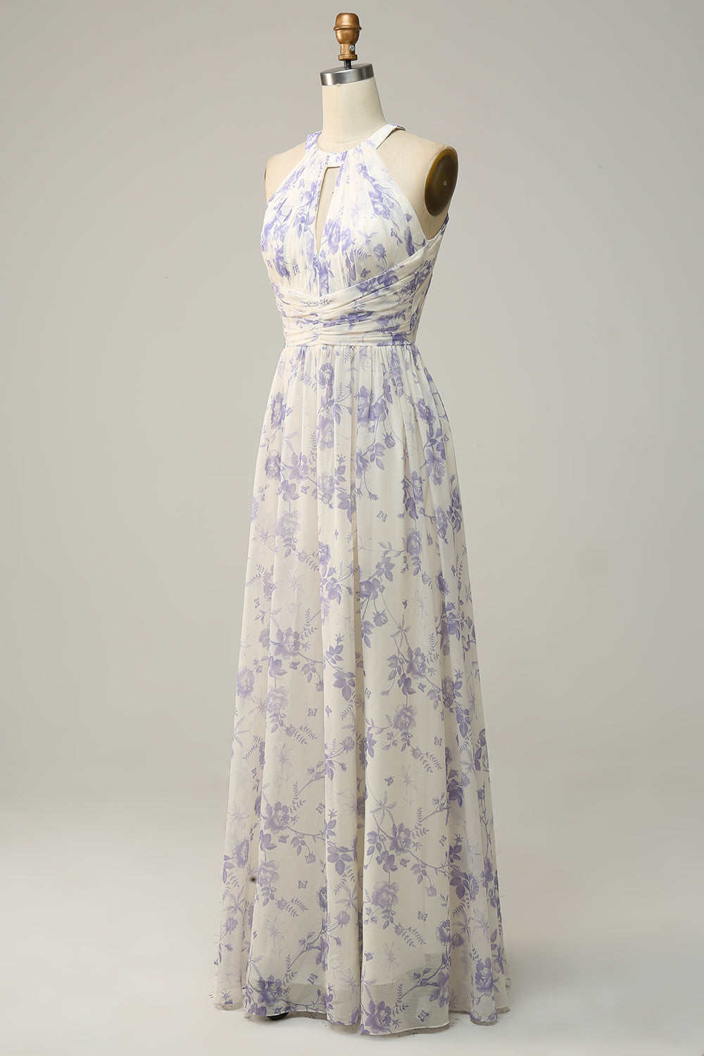 Blue Floral Boho Long Chiffon Bridesmaid Dress