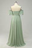 A Line Off the Shoulder Green Long Bridesmaid Dress with Ruffles