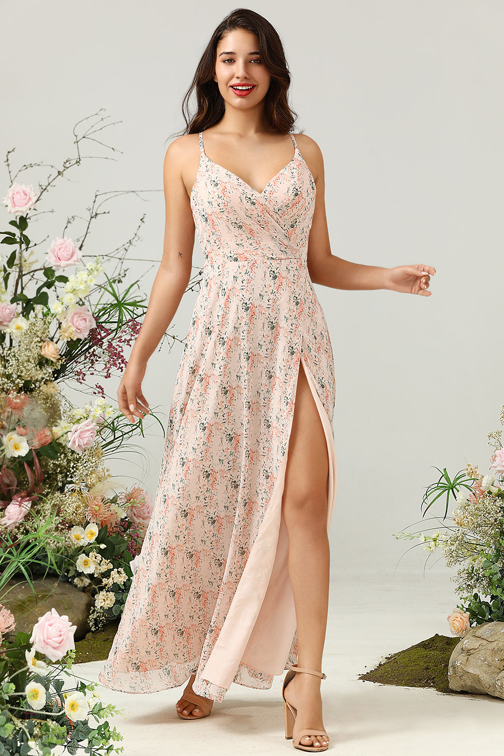 Blush Floral Chiffon Long Bridesmaid Dress with Slit